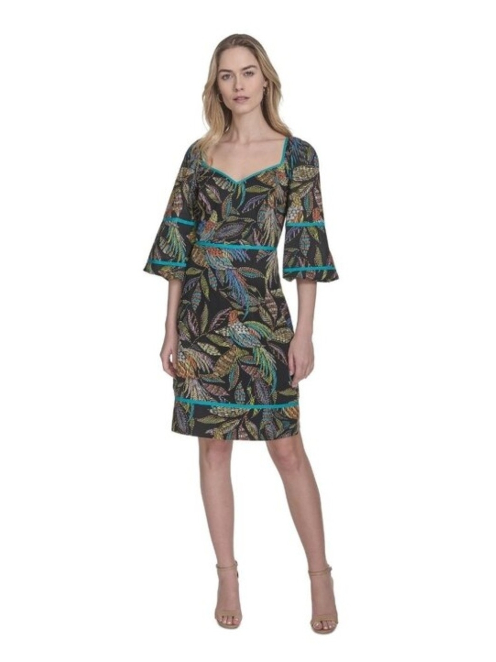 Vince Camuto Black Leaf-Print V-Neck Midi Dress with Teal Trim
